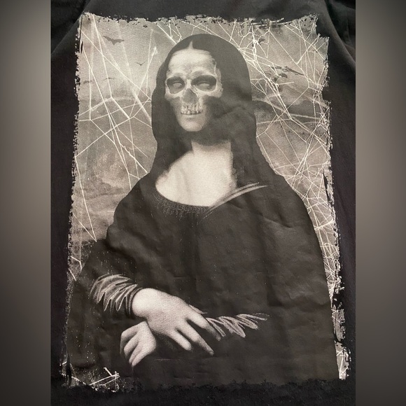 Hot Topic Men’s Skull Dark Mona Lisa Black Pullover Sweatshirt Tee Hoodie Sz S. - Picture 5 of 6